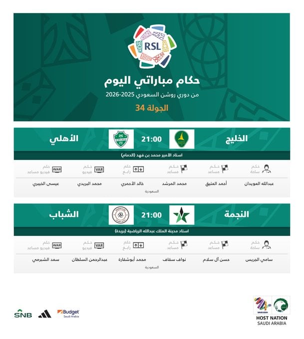 حكام مباريات الدوري السعودي اليوم في الجولة 34.. تعيينات نارية لمواجهات الحسم